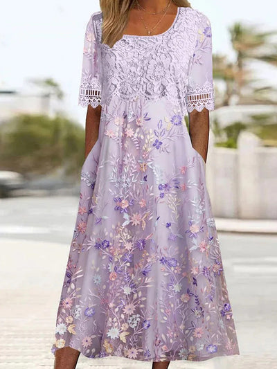 Elegant Purple Floral Print Half Sleeve Dress