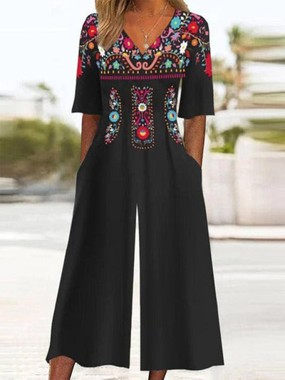 Ethnic Relaxed V-Neck Pocket Stitch Casual Short Sleeve Jumpsuit for Women