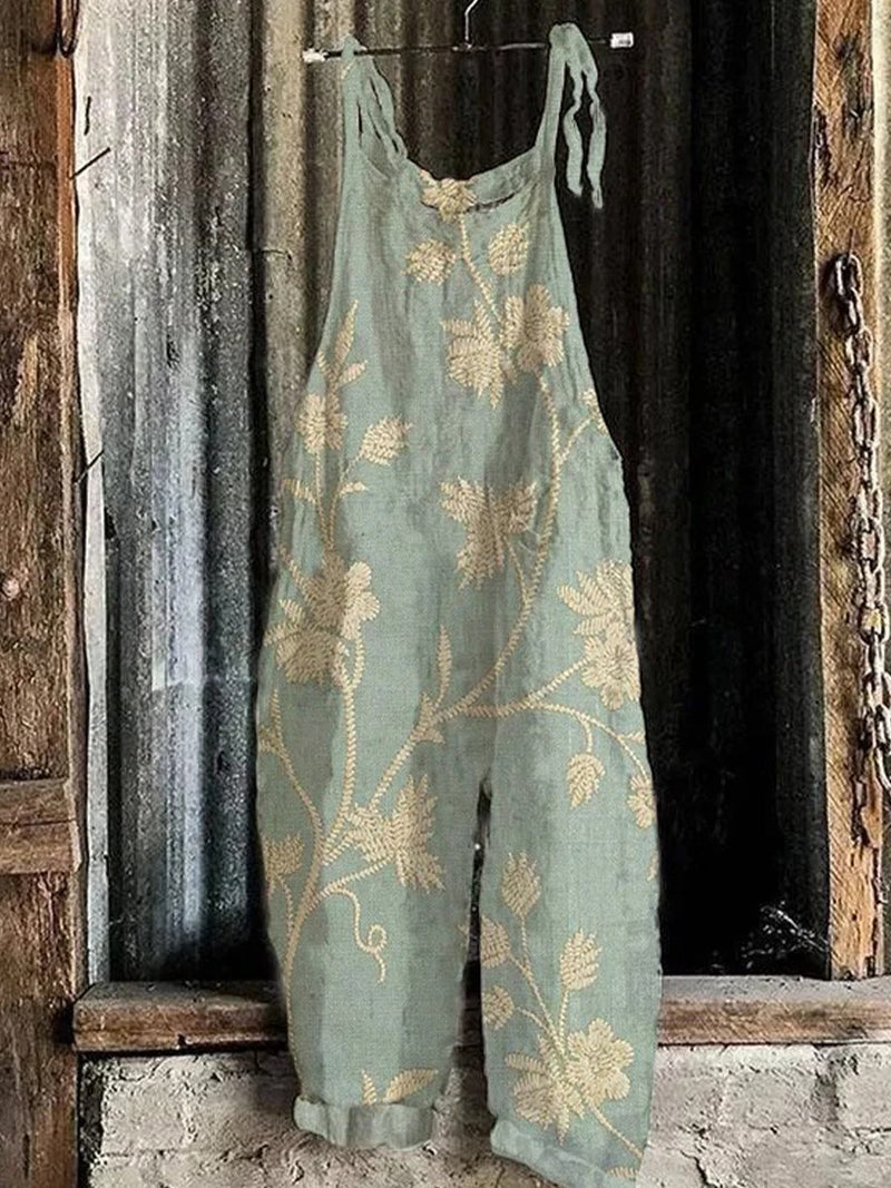 Retro Floral Art Print Casual Relaxed Jumpsuit for Women