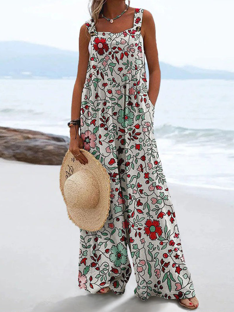 Retro Simple Floral Print Casual Wide Leg Jumpsuit for Women