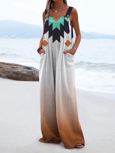 Ethnic Print Casual Wide Leg Jumpsuit for Women