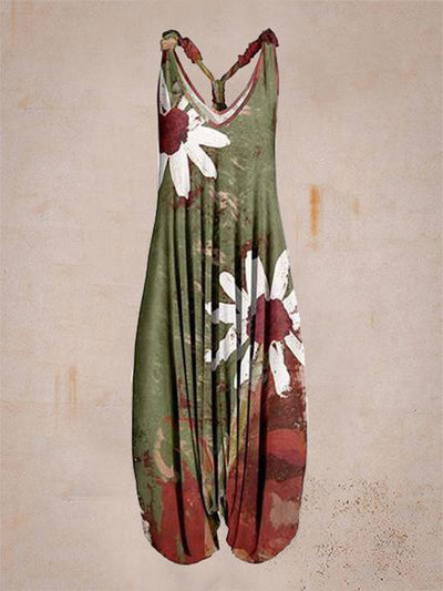 Green Casual Floral Printed Relaxed Sleeveless Jumpsuit for Women