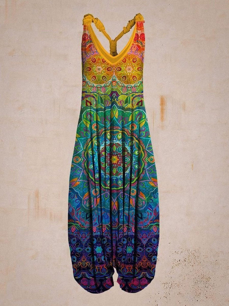 Casual Retro Colorful Printed Sleeveless Jumpsuit for Women