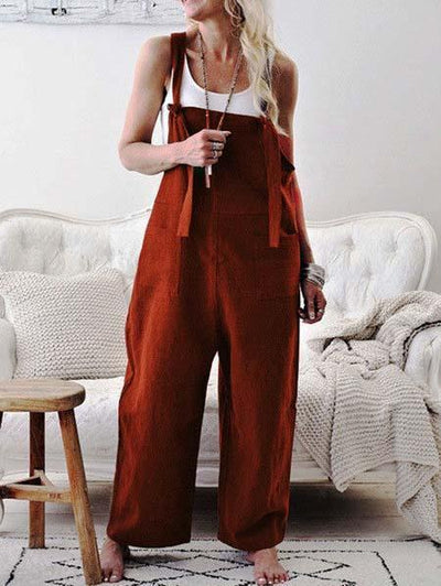 Retro Casual Relaxed Cotton Linen Wide Leg Jumpsuit for Women