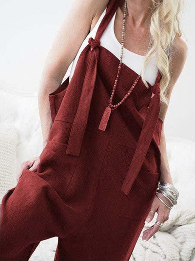 Retro Casual Relaxed Cotton Linen Wide Leg Jumpsuit for Women