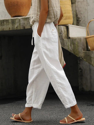 Women's White Cotton Drawstring Relaxed Trousers with Pockets