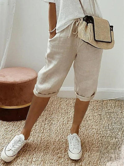 Casual Cotton Drawstring Bermuda Pants with Elastic Waist for Women