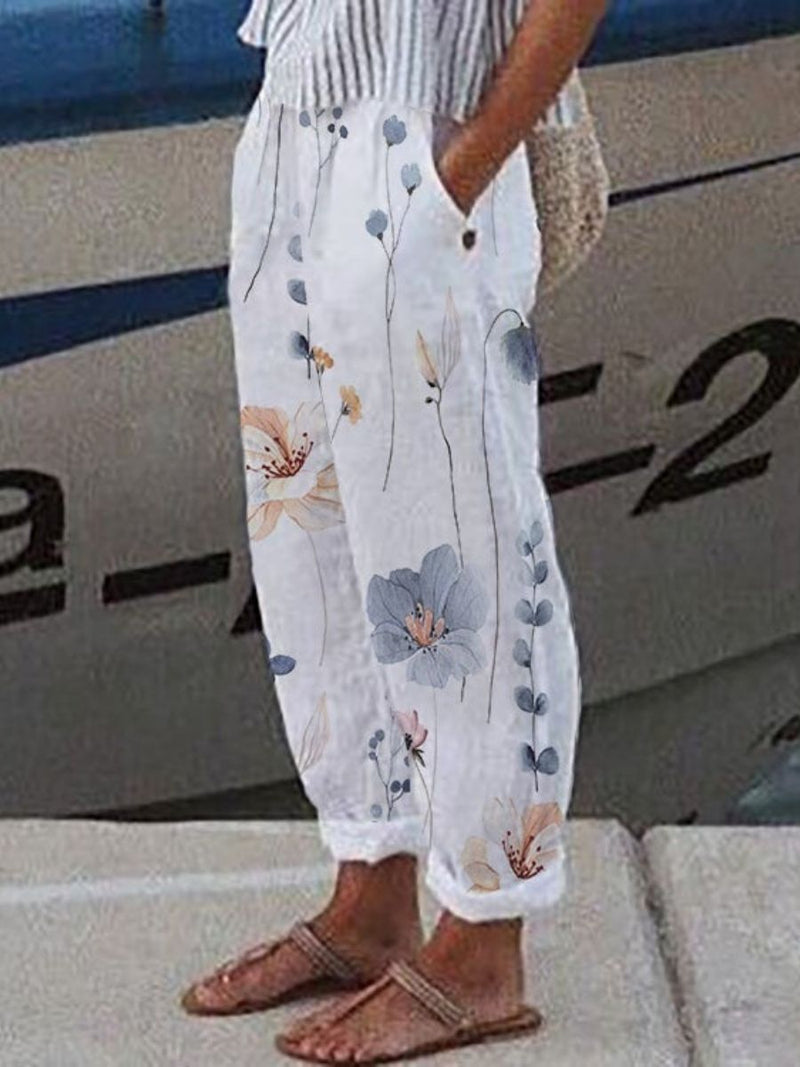 Casual Floral Print Cropped Pants with Elastic Waist for Women