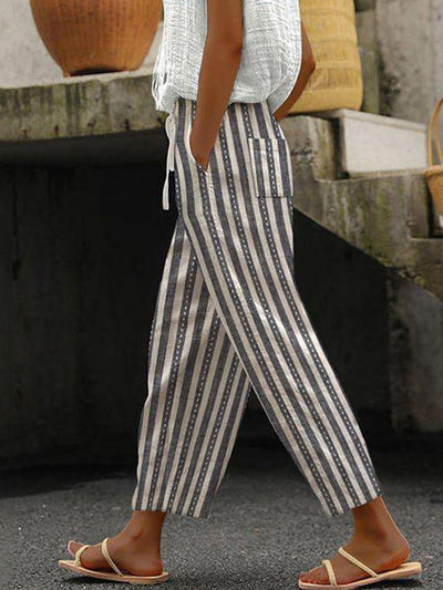 Striped Drawstring Cropped Pants with Pockets for Women