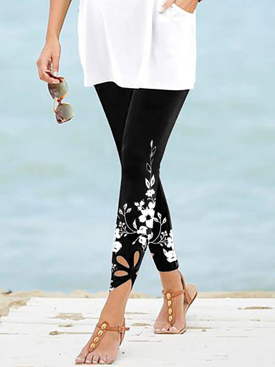 Floral Print Cut-Out Hem Leggings for Women