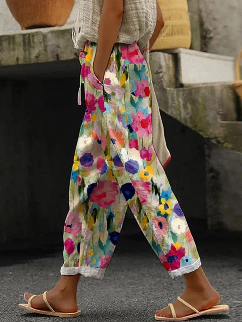 Colorful Floral Print Casual Pants