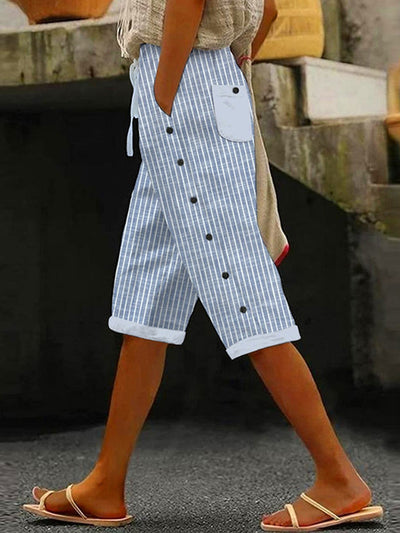 Women's Striped Casual Capri Shorts with Pockets