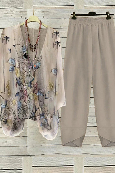 Women's Abstract Pattern V Neck Long Sleeve Comfortable Casual Top with Pants Two-Piece Set