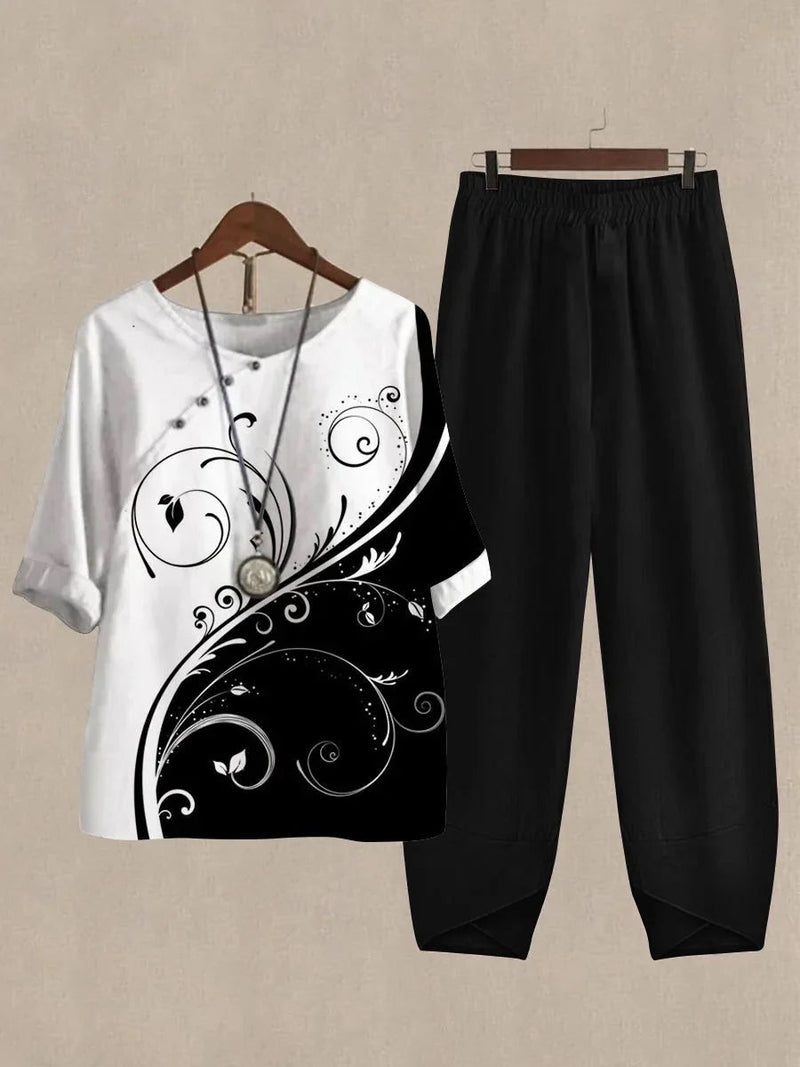 Simple Black White Casual Round Neck Printed Daily Two Piece Suit