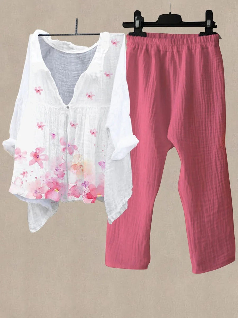 Pink Floral Printed Casual V Neck Daily Two Piece Suit