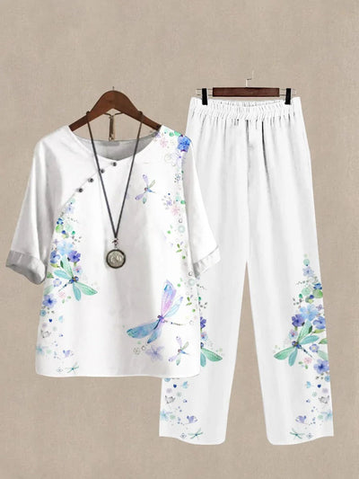 Casual White Round Neck Half Sleeve Dragonfly Printed Two Piece Suit