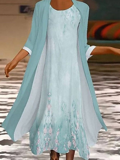 Casual Green Floral Print Round Neck 3/4 Sleeve Two-Piece Set Dress